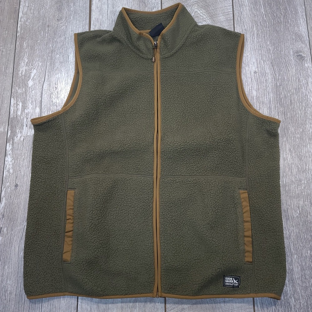 Eddie Bauer Fleece Vest Men Size XL Green Sherpa Full Zip Outdoor Layer